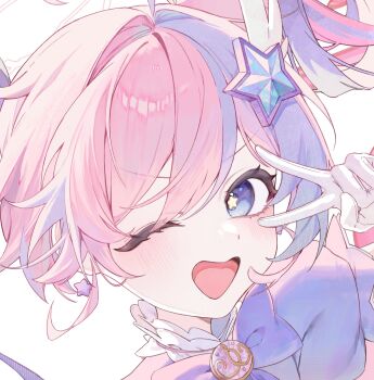 1girl ahoge blue_archive blue_eyes blush bow bowtie earrings gloves hair_ornament halo highres jewelry long_hair looking_at_viewer may.l multicolored_hair one_eye_closed open_mouth pink_hair purple_bow purple_bowtie purple_eyes purple_hair reisa_(blue_archive) reisa_(magical)_(blue_archive) simple_background smile solo star-shaped_pupils star_(symbol) star_earrings star_hair_ornament streaked_hair symbol-shaped_pupils two-tone_hair v v_over_eye white_background white_gloves