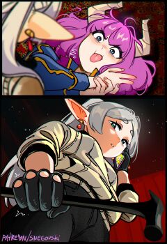 2girls absurdres aura_(sousou_no_frieren) black_gloves black_pants blue_eyes blue_jacket cellphone cosplay demon_girl demon_horns drive_(movie) driver_(drive) driver_(drive)_(cosplay) earrings elf frieren gloves grey_hair hammer highres holding holding_hammer holding_phone horns jacket jewelry multiple_girls pants phone pointy_ears purple_hair serie_(sousou_no_frieren) smartphone snegovski sousou_no_frieren talking_on_phone tongue tongue_out white_jacket