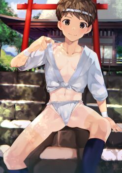 1boy absurdres architecture arm_support bare_legs blurry blush brown_eyes brown_hair building bulge chromatic_aberration collarbone commentary_request covered_penis dappled_sunlight day depth_of_field east_asian_architecture fundoshi gluteal_fold groin hachimaki hand_up headband highres ironasi247 japanese_clothes looking_at_viewer male_focus mizu_happi navel nejiri_hachimaki open_clothes original outdoors pectoral_cleavage pectorals shirt_tan short_hair short_sleeves shorts_tan shrine sitting sitting_on_stairs smile solo spread_legs stairs stone_stairs sunlight tan tanline torii wristband