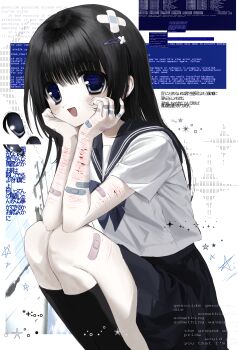 Rule 34 | 1girl, 2000s (style), :d, absurdres, bandaid, bandaid hair ornament, bandaid on arm, bandaid on finger, bandaid on hand, bandaid on leg, black eyes, black hair, black sailor collar, black skirt, black socks, blood, blue sailor collar, blue screen of death, blunt bangs, collage (medium), collage background, commentary, english text, faux retro artstyle, hair ornament, hairclip, hands on own chin, highres, kim daechu, kneehighs, long hair, looking at viewer, open mouth, original, pleated skirt, sailor collar, scar, scar on leg, school uniform, self-harm, serafuku, short sleeves, sidelocks, skirt, smile, socks, solo, squatting, star (symbol), thigh cutting, thighhighs, untranslatable commentary, weirdcore, white serafuku, wrist cutting, yami kawaii, zettai ryouiki