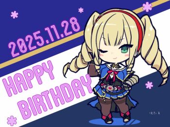 1girl ;) ankle_boots artist_name assault_lily belt belt_buckle black_belt black_boots black_collar black_gloves black_shirt blonde_hair blue_background blue_capelet blue_skirt blush boots brown_pantyhose buckle capelet chibi closed_mouth collar commentary dated drill_hair drill_sidelocks full_body gloves green_eyes hairband hand_in_own_hair hand_on_own_hip hand_up happy_birthday hotaru_(ultraroly_poly) komai_sumire long_hair long_sleeves looking_at_viewer miniskirt multiple_belts neck_ribbon o-ring o-ring_belt odaiba_girls_high_school_uniform one_eye_closed pantyhose pleated_skirt red_belt red_hairband red_ribbon ribbon sailor_collar school_uniform serafuku shirt sidelocks single_vambrace skirt smile solo standing thighband_pantyhose twintails two-tone_background v-shaped_eyebrows vambraces white_background white_sailor_collar