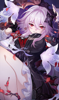 Rule 34 | 1girl, absurdres, black gloves, branch, breasts, candle, chinese commentary, commentary request, dress, earrings, evernight (honkai: star rail), evey (honkai: star rail), flower, gloves, hair flower, hair ornament, hairclip, highres, honkai: star rail, honkai (series), jewelry, layered dress, looking at viewer, m78 zaitaoaotezhanshi, march 7th (honkai: star rail), memosprite, petals, pink hair, red eyes, ring, single earring, smirk, thighs