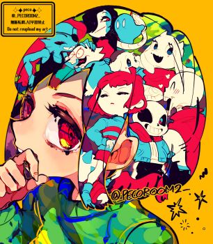 3girls 3others 4boys alphys animal_ears artist_name asriel_dreemurr black_tank_top blue_eyes blue_jacket blue_shirt brown_eyes brown_hair brown_shorts chara_(undertale) closed_eyes commentary_request eyepatch fish_girl frisk_(undertale) furry furry_female ghost goat_ears goat_girl goat_horns green_sweater hand_on_own_chin horns jacket mettaton mettaton_ex multiple_boys multiple_girls multiple_others napstablook papyrus_(undertale) repikinoko reptile_girl robot sans_(undertale) shirt short_hair shorts skeleton striped_clothes striped_shirt sweater tank_top toriel undertale undyne utdr_(toby_fox) yellow_background