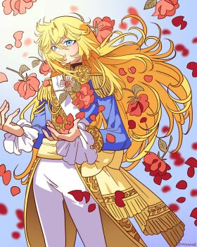 Rule 34 | 1girl, bad id, bad twitter id, blonde hair, blue background, blue eyes, blue jacket, epaulettes, floating hair, floral background, flower, hair between eyes, highres, jacket, long hair, long sleeves, meremero, oscar francois de jarjayes, pants, petals, red flower, red rose, rose, rose petals, sash, shoulder sash, solo, standing, versailles no bara, white pants, white sash, wind