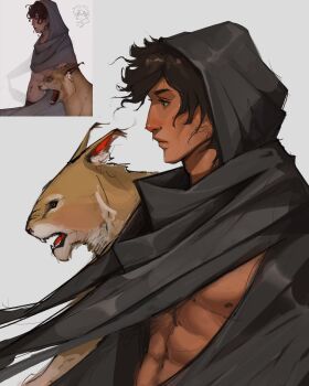 1boy abs black_cloak black_eyes black_hair black_scarf cloak cougar dark-skinned_male dark_skin from_side highres hood hood_up male_focus messy_hair nipples original pectorals reference_inset sam_yang scarf short_hair