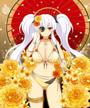 1girl bikini black_bikini blush breasts bridal_gauntlets cleavage eyepatch falling_petals floral_print flower flower_request gluteal_fold gold_bikini gold_choker gold_flower gold_rose hair_between_eyes hair_flower hair_ornament highres holding holding_umbrella large_breasts light_particles long_hair looking_at_viewer multicolored_bikini navel neck_ribbon non-circular_lens_flare official_art oil-paper_umbrella orange_flower orange_rose petals red_eyes ribbon rose senran_kagura senran_kagura_new_wave senran_kagura_shoujo-tachi_no_shin&#039;ei shuriken shuriken_hair_ornament sidelocks solo sparkle standing swimsuit thigh_strap twintails two-tone_bikini umbrella weapon white_hair yagyu_(senran_kagura) yellow_flower yellow_rose
