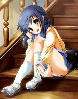 Rule 34 | 1girl, ass, blue eyes, blue hair, blush, corpse party, kneehighs, long hair, looking at viewer, low twintails, open mouth, panties, pantyshot, school uniform, shinozaki ayumi, sitting, skirt, smile, socks, solo, striped clothes, striped panties, twintails, underwear, upskirt