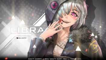 1girl artist_name blood blood_on_face bracelet breasts character_name coat command_&amp;_conquer command_&amp;_conquer:_red_alert command_&amp;_conquer:_red_alert_3 cqdym crazy_smile dress english_text fangs fur-trimmed_coat fur_trim grey_background grey_hoodie hair_over_one_eye highres hood hood_up hoodie horned_hood horns jewelry libra_(mental_omega) mental_omega_(mod) pink_eyes pleated_dress pleated_sleeves psi-corps_symbol resh_vav_yod_symbol small_breasts smile solo teeth upper_body white_hair