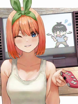 1boy 1girl 8-bit blue_eyes breasts cleavage collarbone controller game_controller go-toubun_no_hanayome green_ribbon hair_ribbon highres holding holding_controller holding_game_controller indoors ishiyuki looking_at_viewer medium_breasts medium_hair nakano_yotsuba one_eye_closed orange_hair parted_lips revision ribbon shirt t-shirt television uesugi_fuutarou white_shirt