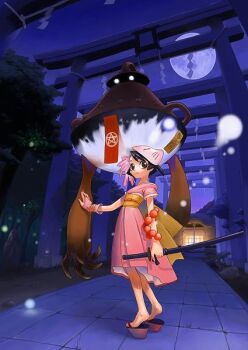 1girl architecture archived_source bad_link beads black_eyes black_hair blue_background blue_sky bridal_gauntlets brown_sandals building east_asian_architecture fingerless_gloves fox_mask full_body full_moon gloves glowing glowing_eyes hair_ornament hirai_yukio hitodama japanese_clothes katana kimono kimono_dress legs_apart looking_to_the_side mask monster moon multiple_torii obi obiage obijime ofuda okobo original outdoors pentagram perspective pink_bridal_gauntlets pink_gloves pink_kimono pink_mask pink_sleeves platform_sandals prayer_beads rock sandals sash sheath sheathed shide short_sleeves shouji shrine single_bridal_gauntlet single_fingerless_glove single_glove sky sleeve_cuffs sliding_doors smile spread_fingers star_(symbol) sword talisman tile_floor tiles tiptoes torii tree weapon yellow_eyes yellow_sash