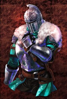 1boy armor bearer_of_the_curse black_pants breastplate bridal_gauntlets brown_background commentary_request cropped_legs dark_souls_(series) dark_souls_ii fur_collar green_shirt helm helmet knight male_focus pants pauldrons shirt shoulder_armor solo suou_yuuchi upper_body