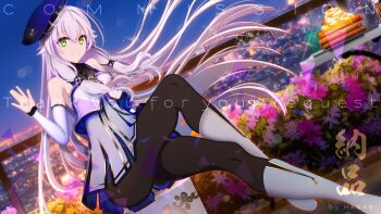 1girl altina_orion artist_name bare_shoulders beret black_thighhighs boots breasts bush closed_mouth commentary commission detached_sleeves double-parted_bangs dress eiyuu_densetsu english_commentary english_text flower food furisode_(pixilvina) green_eyes hair_between_eyes hat highres kai_no_kiseki kuro_no_kiseki_(series) long_hair looking_at_viewer night off-shoulder_dress off_shoulder open_hand outdoors sitting small_breasts smile solo table thighhighs two_side_up very_long_hair watermark waving white_boots white_dress white_hair