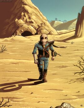 Rule 34 | 1boy, armor, arms at sides, balaclava, bandaged arm, bandages, belt, blue jumpsuit, blue sky, boots, brown belt, brown boots, cave, clear sky, commentary, day, desert, english commentary, fallout, fallout 1, highres, jumpsuit, male focus, outdoors, pauldrons, pip boy, pouch, rock, shadow, shoulder armor, single pauldron, sky, solo, thigh pouch, thigh strap, tokuriart, twitter username, utility belt, vault dweller, vault suit, walking, wasteland