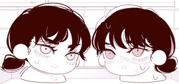 2girls chainsaw_man chibi chibi_only deer60868637 facial_scar hair_bun highres mitaka_asa monochrome multiple_girls partially_submerged ringed_eyes scar scar_on_cheek scar_on_face shared_bathing wet yoru_(chainsaw_man)