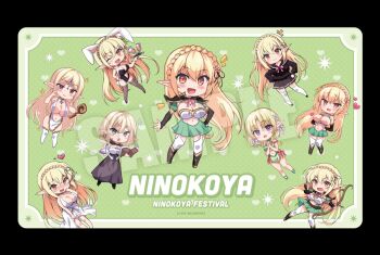 black_skirt blonde_hair blush bow_(weapon) breasts breasts_out chibi cleavage dress elf garter_straps heart heart-shaped_pupils holding holding_bow_(weapon) holding_weapon huge_breasts large_breasts long_hair medium_hair melonbooks miniskirt ninoko original playboy_bunny pointy_ears sample_watermark school_uniform skirt sticker_(medium) sylpha_(ninoko) symbol-shaped_pupils thighhighs watermark weapon white_dress white_thighhighs