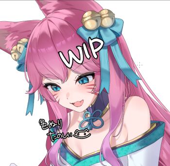 1girl ahri_(league_of_legends) animal_ears aqua_ribbon bell blue_eyes blush breasts cleavage commentary_request detached_collar facial_mark fang fox_ears fox_girl hair_bell hair_ornament hair_ribbon league_of_legends long_hair looking_down medium_breasts momikodayo off_shoulder official_alternate_costume official_alternate_eye_color official_alternate_hair_color open_mouth pink_hair portrait ribbon sidelocks skin_fang smile solo spirit_blossom_(league_of_legends) spirit_blossom_ahri translation_request unfinished whisker_markings