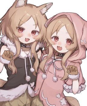 1girl :d animal_ear_fluff animal_ear_hood animal_ears arazan_(ara_arazan24) belly-to-belly belt_collar blonde_hair blush brown_gloves brown_hoodie collar drawstring dutch_angle fake_animal_ears fang frilled_sleeves frills fur-trimmed_gloves fur-trimmed_hood fur-trimmed_hoodie fur_trim gloves hashtag-only_commentary hood hood_down hood_up hoodie looking_at_viewer multiple_persona open_mouth ouka_miko parted_bangs pink_hoodie pom_pom_(clothes) pom_pom_drawstring red_eyes short_hair_with_long_locks short_sleeves shorts sidelocks simple_background skin_fang sleeveless sleeveless_hoodie smile standing tail tied_drawstring upper_body utau voicevox white_background wolf_ears wolf_girl wolf_tail yellow_shorts