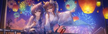 2girls absurdres alternate_costume animal_ears blue_eyes blue_hair blush breasts brown_hair fireworks flower hair_between_eyes hair_flower hair_ornament highres horse_ears horse_girl japanese_clothes kimono long_hair looking_at_viewer mole mole_under_eye multicolored_hair multiple_girls purple_eyes rang_c smile summer_festival twintails umamusume verxina_(umamusume) vivlos_(umamusume) yukata