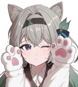 Rule 34 | 13 (jjusan13), 1girl, :<, animal hands, black hairband, blue ribbon, blush, cat paws, closed mouth, collared shirt, firefly (honkai: star rail), gradient eyes, gradient hair, green pupils, grey hair, hair between eyes, hair intakes, hair ornament, hair ribbon, hairband, honkai: star rail, honkai (series), long hair, multicolored eyes, multicolored hair, one eye closed, ribbon, shirt, simple background, solo, sweatdrop, white background, white shirt