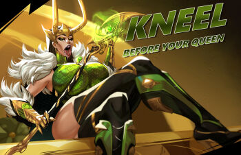 1girl boots commentary english_commentary english_text fake_horns green_eyes greyscale highres holding holding_staff horned_headwear horns hottsriracha lady_loki looking_at_viewer marvel marvel_rivals monochrome no_humans open_mouth sitting solo staff thigh_boots tongue tongue_out