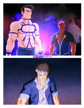 absurdres bald black_hair chest_tattoo corruption crossover dark-skinned_male dark_persona dark_skin highres john_cena male_focus markings muscular muscular_male orochi_(kof) possessed raised_eyebrow real_life short_hair snk tattoo the_king_of_fighters the_king_of_fighters_all-stars the_rock_(dwayne_johnson) topless_male tribal_tattoo valkyriori wrestler wwe yabuki_shingo