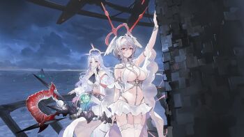2girls azur_lane bikini blush breasts brushing game_cg ganj-i-sawai_(azur_lane) garter_straps halo head_wings highleg highleg_panties highres holding holding_staff jewelry large_breasts lens_flare leotard long_hair medium_hair midriff multicolored_hair multiple_girls necklace non-web_source open_mouth panties parted_lips pearl_(azur_lane) pearl_necklace pink_hair purple_eyes purple_hair revealing_clothes ribbon ribs sitting skirt staff swimsuit thighhighs thinking underwear very_long_hair wariza weapon white_bikini white_garter_straps white_hair white_panties white_skirt white_thighhighs wings