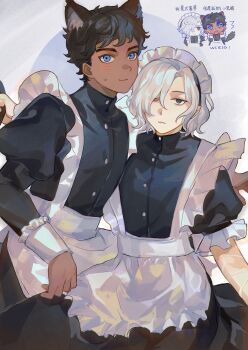 2boys absurdres alternate_costume animal_ears apron bags_under_eyes black_dress black_eyes black_hair blue_eyes blush cat_boy cat_ears cat_tail chibi chibi_inset chinese_text crossdressing crossdressing_(mtf) curly_hair dark-skinned_male dark_skin dress dungeon_meshi elf enmaided frilled_apron frills grey_background grey_hair highres holding_another's_tail juliet_sleeves kabru kemonomimi_mode lazy_eye long_sleeves looking_at_viewer maid maid_apron maid_headdress male_focus male_maid mithrun multiple_boys notched_ear open_mouth pointy_ears puffy_short_sleeves puffy_sleeves short_hair short_sleeves simple_background sweatdrop tail translation_request uneven_eyes white_apron woyaoshangyangmei51518