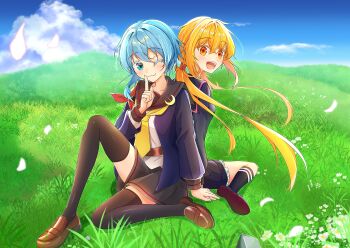 2girls absurdres asymmetrical_hair back-to-back black_thighhighs blonde_hair blue_eyes blue_hair blue_sky cosplay costume_switch crescent crescent_pin finger_to_mouth grass highres kantai_collection long_hair looking_back meadow minazuki_(kancolle) multiple_girls natsu_chiki one_eye_closed satsuki_(kancolle) short_hair sky thighhighs twintails yellow_eyes
