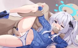 Rule 34 | 1boy, 1girl, absurdres, arm support, black ribbon, blue archive, blue footwear, blue hoodie, blush, bow, bow panties, braid, censored, clothed female nude male, clothing aside, crying, crying with eyes open, female ejaculation, finger in another&#039;s mouth, grey hair, hair between eyes, hair ribbon, half-closed eye, halo, hetero, highres, holding another&#039;s wrist, hood, hood down, hoodie, indoors, legs apart, long hair, long sleeves, looking at viewer, lying, male pubic hair, miyako (blue archive), miyako (young) (blue archive), mosaic censoring, nose blush, nude, on bed, on side, one side up, open mouth, panties, panties aside, penis, pom pom (clothes), pubic hair, purple eyes, pussy, pussy juice, ribbon, sex, shoes, side braid, sneakers, socks, spooning, stomach, streaming tears, sweat, tears, thighs, tia (4017342), underwear, white panties, white socks