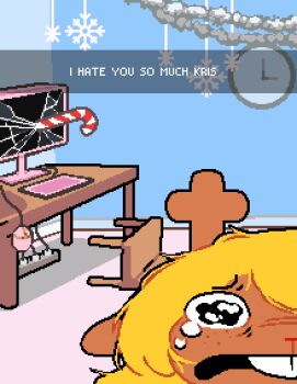 1girl absurdres animal_nose antlers asepriterico bedroom black_eyes black_shirt blonde_hair broken_glass broken_monitor brown_fur buck_teeth candy candy_cane chair checkered_sweater_vest clock computer computer_keyboard computer_mouse crying crying_with_eyes_open deltarune english_text food freckles glass highres horns indoors long_sleeves looking_at_viewer monitor noelle_holiday open_mouth pixel_art red_nose reindeer_antlers reindeer_girl sad scared scary_maze_game shirt smile snapchat snowflake_ornament solo streaming_tears tears teeth utdr_(toby_fox) wavy_eyes