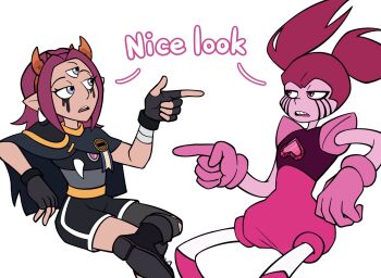 2girls armor asymmetrical_legwear blue_eyes boots bored boscha_(the_owl_house) cape colored_skin fake_horns fingerless_gloves gloves half-closed_eyes heart-shaped_gem highres horns long_hair looking_at_another makeup mocatbj4 multiple_girls open_mouth pants pink_hair pointing pointing_at_another pointy_ears red_eyes runny_makeup shoulder_armor sitting spinel_(steven_universe) steven_universe teeth the_owl_house twintails upper_teeth_only white_background