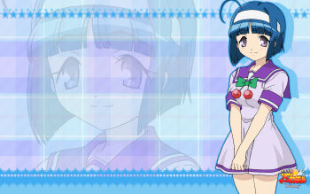 1girl ahoge bare_legs blue_background blue_hair blue_theme blunt_ends bob_cut bow bowtie breasts cherry_ornament closed_mouth commentary company_name copyright_name cowboy_shot curled_fingers cut_bangs dress green_bow green_bowtie grid_background hairband highres inverted_bob kaitou_tenshi_twin_angel kannazuki_aoi large_breasts legs_together looking_at_viewer official_art pleated_dress puffy_short_sleeves puffy_sleeves purple_dress purple_eyes purple_sailor_collar purple_serafuku sailor_collar school_uniform second-party_source serafuku short_dress short_hair short_sleeves sleeve_cuffs smile solo split_mouth standing star_(symbol) star_symbol_background summer_uniform tareme twin_angel v_arms white_hairband zoom_layer