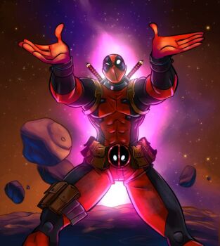 1boy asteroid bodysuit deadpool deadpool_(series) fourth_wall holding marvel marvel_snap mike_krahulik multicolored_bodysuit muscular muscular_male official_alternate_costume official_art penny_arcade red_bodysuit red_mask space superhero_costume sword sword_on_back two-tone_bodysuit weapon weapon_on_back x-men