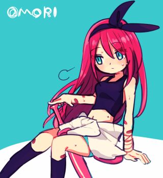 1girl alternate_color aubrey_(faraway)_(omori) aubrey_(omori) bandaged_arm bandages baseball_bat black_hairband black_socks black_tank_top blue_eyes breasts closed_mouth clothes_around_waist hair_between_eyes hairband kneehighs long_hair medium_breasts natsumi_(natumi06) navel omori puff_of_air red_hair simple_background sitting sleeveless socks solo sweat tank_top