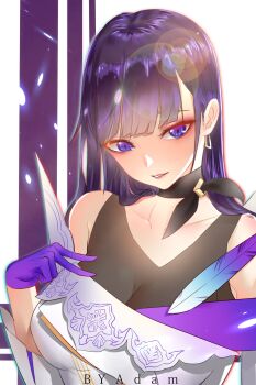 1girl artist_name breasts byadam chinese_commentary commentary_request dress earrings gloves highres honkai_(series) honkai_impact_3rd jewelry large_breasts long_hair looking_at_viewer parted_lips purple_eyes purple_gloves purple_hair raiden_mei raiden_mei_(apho) see-through_cleavage see-through_clothes solo upper_body very_long_hair white_dress