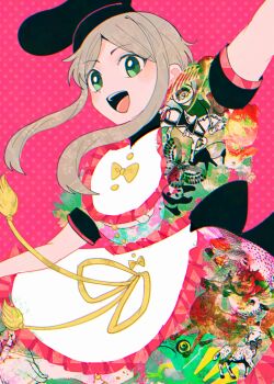 1girl :d apron black_hat bow commentary_request dress green_dress green_eyes green_hair hat itomugi-kun long_hair open_mouth outstretched_arms pink_background puffy_short_sleeves puffy_sleeves ribbon short_sleeves sidelocks smile solo spread_arms teireida_mai touhou white_apron yellow_bow yellow_ribbon