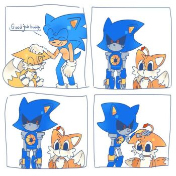 4koma artist_request blonde_hair blue_fur blue_hair child comic doll fox gloves hedgehog metal_sonic multiple_tails robot sega size_difference smile sonic_(series) sonic_r sonic_the_hedgehog sonic_the_hedgehog_(classic) stuffed_toy tail tails_(sonic) tails_doll two_tails yellow_fur