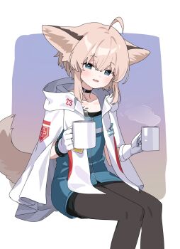 1girl :d ahoge animal_ears arknights black_choker black_pantyhose blue_eyes blue_shirt blush border brown_hair brown_tail choker cloak collarbone commentary cross cup drink feet_out_of_frame greek_cross hair_between_eyes highres holding holding_cup holding_drink hood hood_down infection_monitor_(arknights) invisible_chair kitsune_udon_(ktnudn8245) looking_at_viewer material_growth mug one-hour_drawing_challenge open_mouth oripathy_lesion_(arknights) outside_border pantyhose red_cross shirt short_hair sitting smile solo steam sussurro_(arknights) tail white_border white_cloak