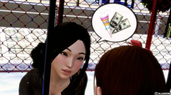 2girls 3d age_difference artist_request black_hair blush flat_chest food height_difference highres ice_cream money multiple_girls shirt speech_bubble t-shirt tagme talking thought_bubble twintails