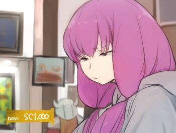 Rule 34 | 1boy, 1girl, aura (sousou no frieren), blurry, blurry background, brown hair, contemporary, eisen (sousou no frieren), english text, fake horns, grey sweater, half-closed eyes, helmet, higemu, highres, horned helmet, horns, indoors, long hair, looking down, painting (object), pawn stars, purple eyes, purple hair, sousou no frieren, sweater, upper body