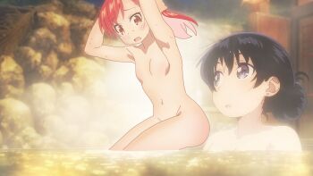 2girls adjusting_hair anime_screenshot arato_nagi armpits arms_up black_hair blue_eyes blush breasts earrings groin highres jewelry long_hair multiple_girls navel no_nipples nude onsen open_mouth partially_submerged red_eyes red_hair ruri_no_houseki same-sex_bathing seto_shouko shared_bathing small_breasts stomach thighs third-party_edit water