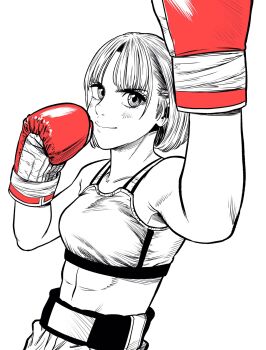 1girl abs bob_cut boxing boxing_gloves boxing_shorts breasts commentary_request dutch_angle gloves greyscale hatching_(texture) highres lee_(dragon_garou) medium_breasts midriff monochrome original red_gloves short_hair shorts smile solo sports_bra spot_color toned toned_female upper_body uppercut v-shaped_eyebrows