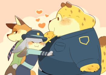 benjamin_clawhauser blush cheetah chibi disney fox furry hug hyaku judy_hopps necktie nick_wilde police police_uniform rabbit zootopia