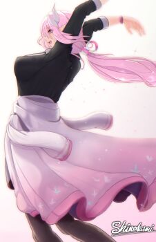 1girl absurdres alternate_costume arms_up artist_name bilingual_commentary black_pants black_shirt breasts clothes_around_waist commentary cyrene_(demiurge)_(honkai:_star_rail) cyrene_(honkai:_star_rail) english_commentary haoyitay highres honkai:_star_rail honkai_(series) large_breasts long_hair mixed-language_commentary pants pink_hair pink_sweater pointy_ears purple_eyes scrunchie shirt simple_background solo sweater sweater_around_waist very_long_hair white_background wrist_scrunchie