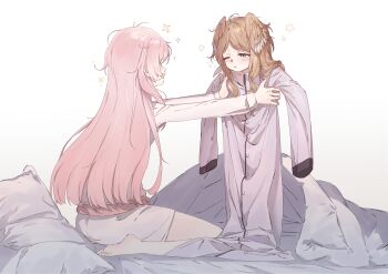 Rule 34 | 2girls, absurdres, aged down, bang dream!, bang dream! it's mygo!!!!!, barefoot, blue eyes, blush, breasts, brown hair, chihaya anon, commentary request, fang, head wings, highres, lifting person, long hair, long sleeves, multiple girls, nagasaki soyo, one eye closed, open mouth, oversized clothes, pajamas, pink hair, sao7, simple background, white background, wings