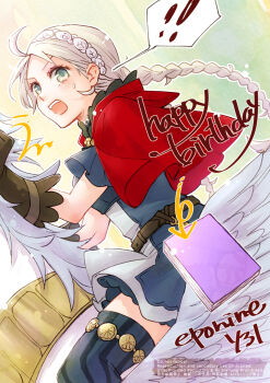 1girl ahoge blue_eyes book breasts capelet character_name commentary_request dated ebi_puri_(ebi-ebi) fire_emblem fire_emblem_fates happy_birthday highres hood hood_down hooded_capelet horseback_riding medium_breasts nina_(fire_emblem) nintendo open_mouth parted_bangs pegasus red_capelet riding striped_clothes striped_thighhighs teeth thighhighs thighs upper_teeth_only vertical-striped_clothes vertical-striped_thighhighs