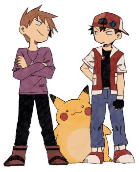 2boys :/ :3 backwards_hat baseball_cap black_gloves black_hair black_pants black_shirt blue_oak blue_pants boots brown_boots brown_hair clenched_hand closed_mouth crew_neck crossed_arms denim dot_nose eye_contact fingerless_gloves full_body gen_1_pokemon gloves hand_on_own_hip hat highres jacket jeans jewelry long_sleeves looking_at_another looking_to_the_side male_focus multicolored_jacket multiple_boys necklace nintendo pants pendant pikachu pokemon pokemon_(creature) pokemon_frlg purple_shirt red_(pokemon) shirt short_sleeves simple_background smile standing t-shirt two-tone_jacket white_background zuxu_zz