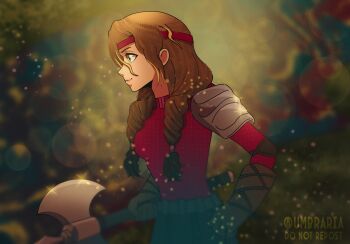 Rule 34 | 1girl, armor, astrid hofferson, axe, battle axe, blurry, blurry background, bokeh, braid, breasts, brown gloves, brown hair, commentary, depth of field, elbow pads, english commentary, from side, gloves, headband, highres, holding, holding axe, how to train your dragon: the hidden world, how to train your dragon (series), low twin braids, medium breasts, pauldrons, red headband, red sweater, shoulder armor, smile, solo, sweater, turtleneck, turtleneck sweater, twin braids, twitter username, umbra (edits umbra), upper body, watermark, weapon