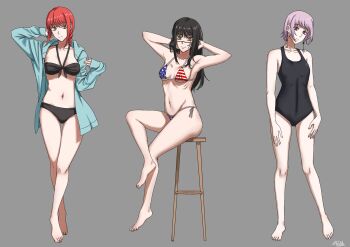 3girls american_flag american_flag_bikini american_flag_print arms_behind_head bikini black_bikini black_one-piece_swimsuit blue_jacket braid braided_ponytail breasts chainsaw_man death_devil_(chainsaw_man) earrings facial_scar fami_(chainsaw_man) feet flag_print flag_print_bikini full_body highres jacket jewelry long_hair makima_(chainsaw_man) matomo medium_breasts medium_hair multiple_girls navel on_stool one-piece_swimsuit orange_eyes print_bikini purple_hair red_hair scar scar_on_cheek scar_on_face scar_on_nose sidelocks swimsuit yellow_eyes yoru_(chainsaw_man)