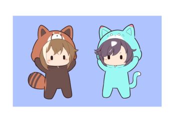 2girls animal_costume blue_background blush brown_hair cat_costume character_request cheval_grand_(umamusume) chibi chibi_only commentary_request full_body gomashio_(goma_feet) multicolored_hair multiple_girls no_mouth red_panda_costume short_hair simple_background standing two-tone_hair umamusume white_hair |_|